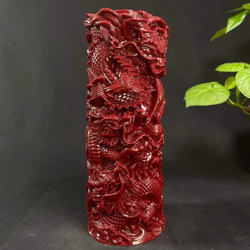 Cinnabar Purple Gold Sand Dragon Pillar Pencil Vase Decoration Home Study Office Lucky Fortune Carving Kowloon