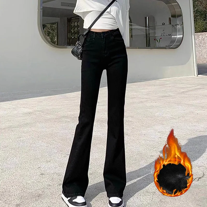 

Зимние теплые брюки, зимние женские плюшевые джинсы, женские утепленные однотонные расклешенные брюки, флисовые повседневные брюки с высокой талией для девочек