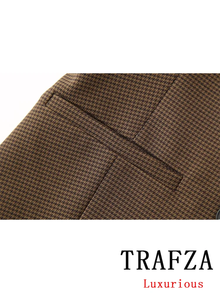 TRAFZA Vintage Casual Chic Plaid Women Suits Sleeveless Button Square Collar Top Zipper Shorts New Fashion 2024 Autumn Suits