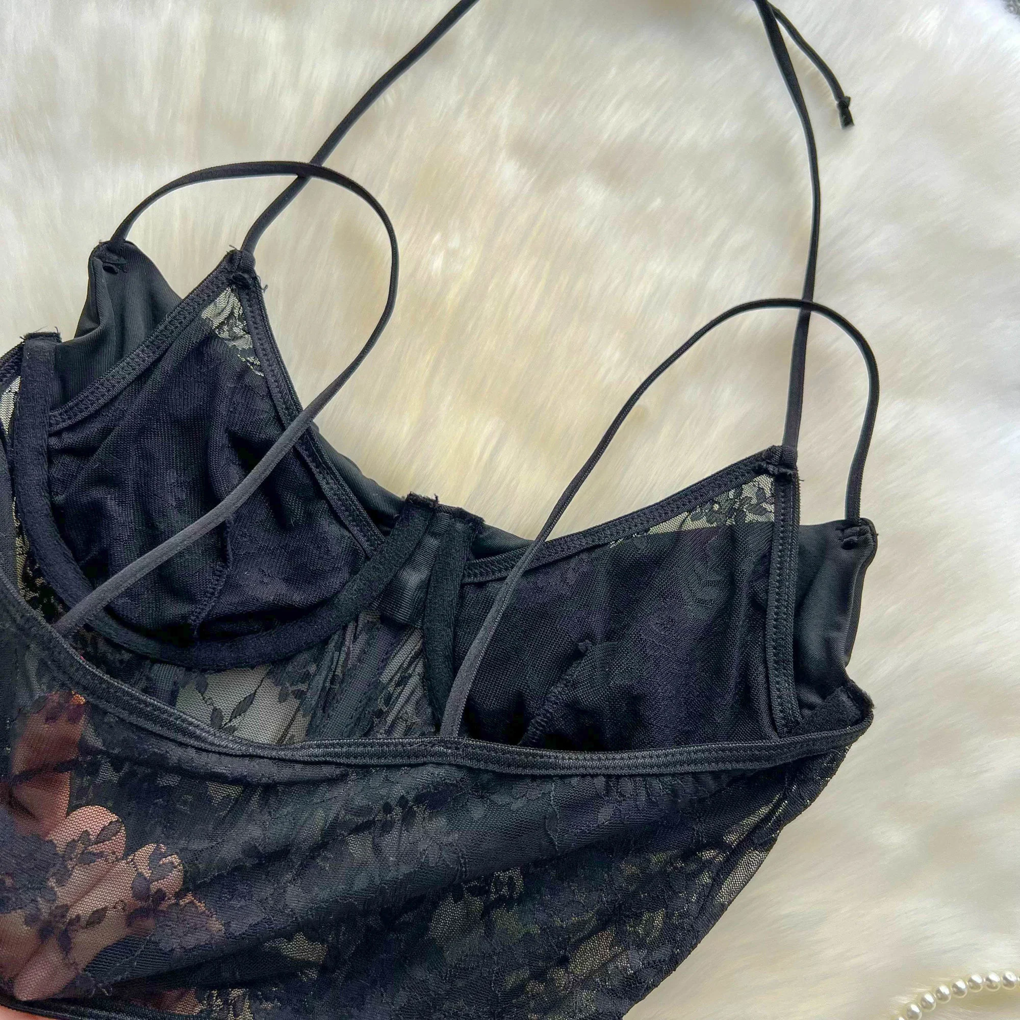 American Retro Spicy Girl Strap Tank Top Summer Black  Lace Mesh Hollow Out Embroidery Bra Top For Women 2024