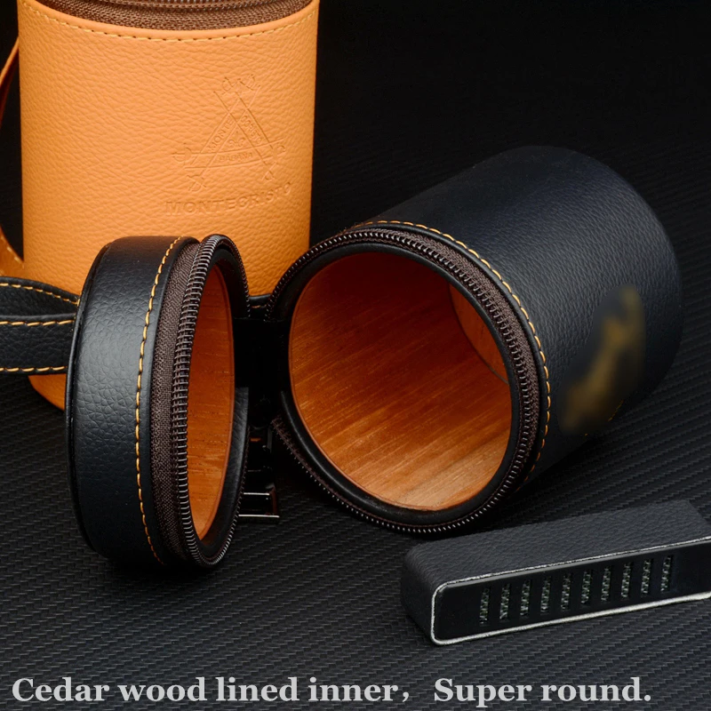 Black Mini Humidor Leather Cigar Case Wood Lined Tobacco Tube Short Puro Box Leather Holder with Humidifier  Smoking Accessory