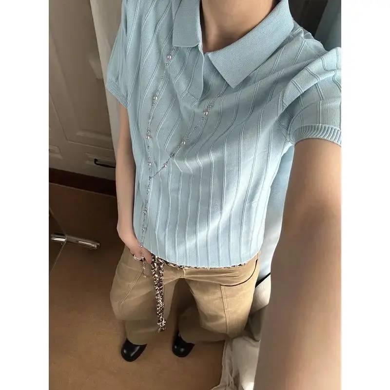 2026 New Style Solid Color Sweater Tops Men Summer Lapel Casual T-shirt Men's Thin Short Sleeve Knitted Polo Shirts M37