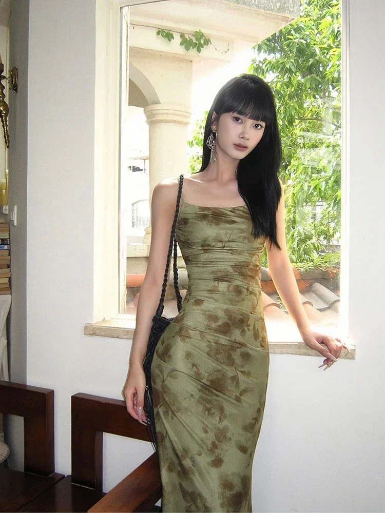 Retro พิมพ์ Camis ชุดผู้หญิงฤดูร้อนเซ็กซี่ Slim สปาเก็ตตี้สายรัดชุดพรรคเกาหลี Chic Elegant Beach Vestidos ใหม่