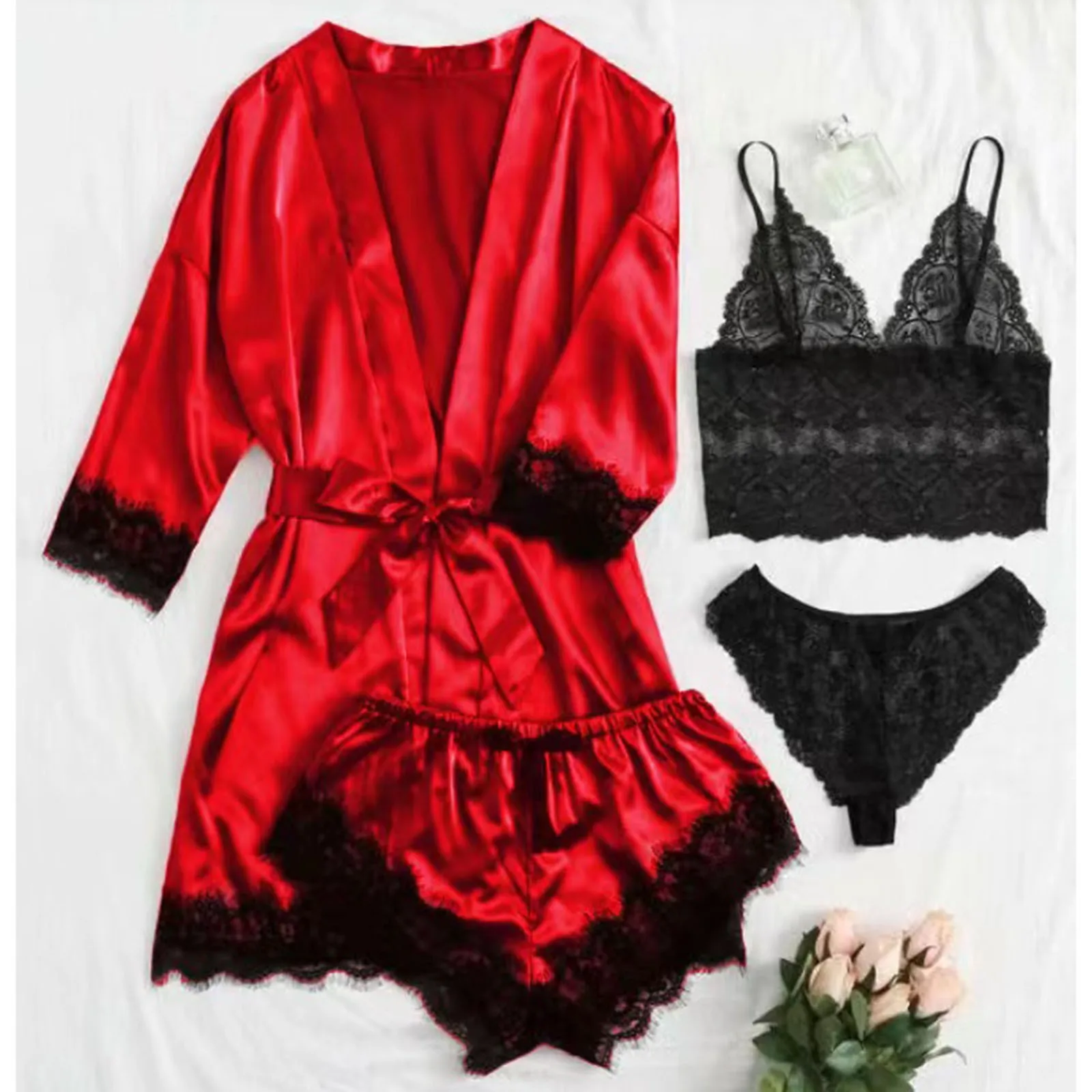 Black Sexy Women\'s Pajamas Satin 4-piece Lace Silk Suspender Tops Shorts Robe Pajamas Set Nightgown Underwear Nightdress Suit