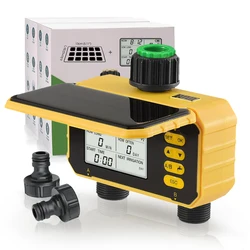 Solar Programmable Water Timer 2-Way Independent Outlets Digital Garden Sprinkler Controller Built-in Battery Rain Sensor