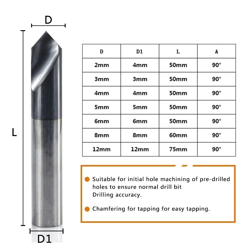 Spot Drill 2-12mm 2 Flute Chamfer Mill 90 Degree Stub Start Location Center Bit CNC Router Bit Milling Cutter Carbide End Mill