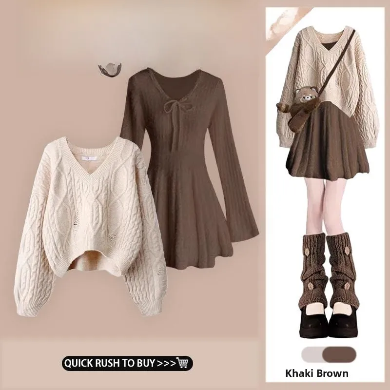 

ort Lazy Sle Knitted Sweater Women's New V-ne Pullover Retro Waist-cinching Dr Set Long Sve Autumn Faion Set