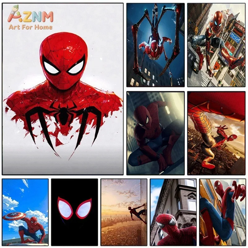 Marvel Spider-Man Canvas Wall Art 9pcs Hero Portrait City Scene Poster Combination Decor For Boys Bedroom Gaming Room Unframed
