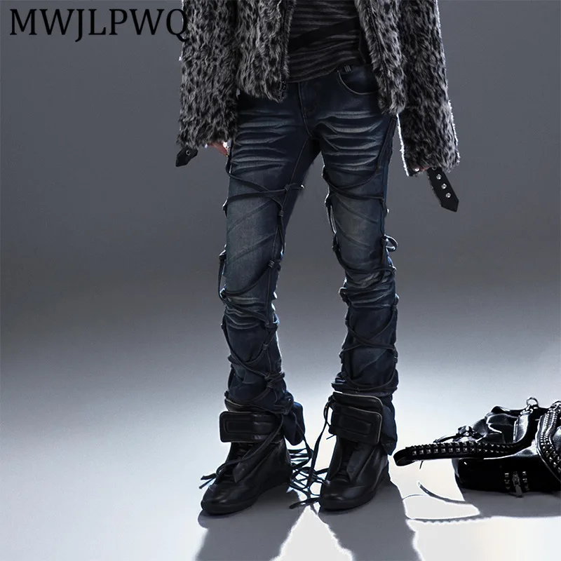 

MWJLPWQ Unisex Elastic Skinny Bell-bottom Jeans Straps Distressed Design Women Streetwear Hiphop Flared Pant Spring Autumn 15058