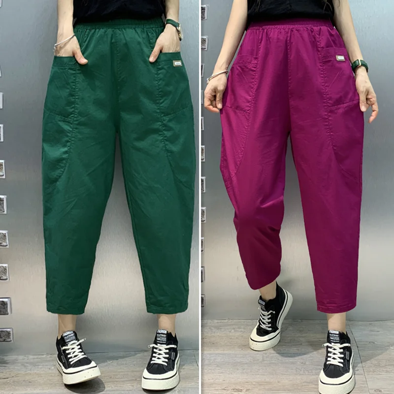 

Повседневные хлопковые брюки в стиле Харадзюку с высокой талией, женские летние свободные брюки длиной 7/8, удобные, дышащие