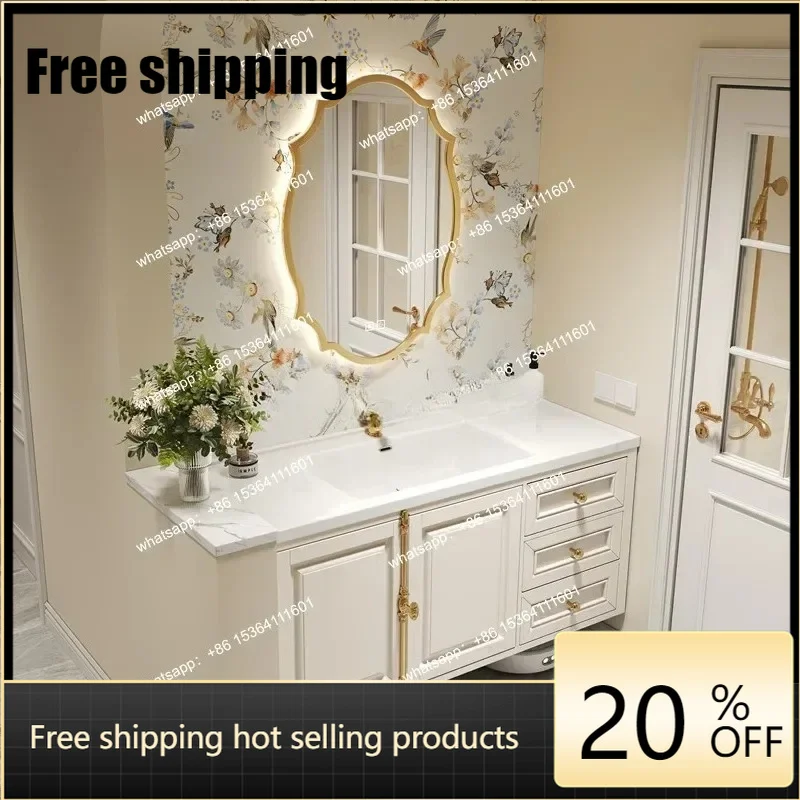jj5  Best Seller French Retro Cream Wind Solid Wood Bathroom Cabinet, Bathroom Integrated Ceramic Basin, Hand Wash Table, Bathro