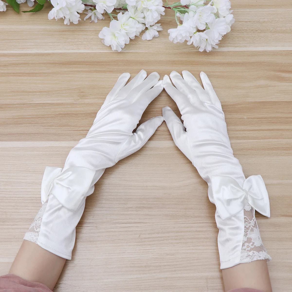 1 زوج فستان قفازات الزفاف الدانتيل شبكة صيد السمك المرأة عقدة من الساتان أنيقة قفازات حفلات الزفاف للعروس حفلة موسيقية أوبرا الباليه المرحلة الحدث