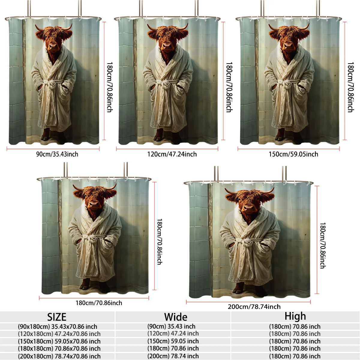 Funny Highland Cow Shower Curtain Polyester Digital Printing Humorous Fluffy Brown Cattle Dressing Cozy Bath Robe Standing