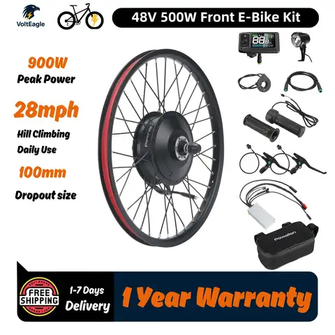 Kit de conversion de vélo électrique de roue avant, convertir vélo en vélo électrique avec moteur de moyeu avant 48 V 500 W, puissance de crête 900 W, vitesse 28 mph