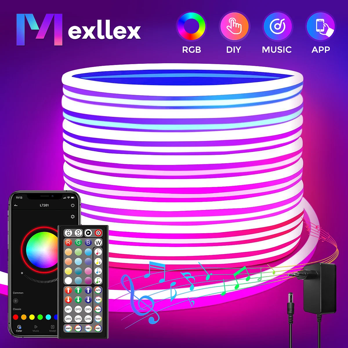 30M/20M Mexllex RGB Neon Light Strip with APP &Remote, Color Change Waterproof Music Sync Mode for Bedroom Room Outdoors Decro