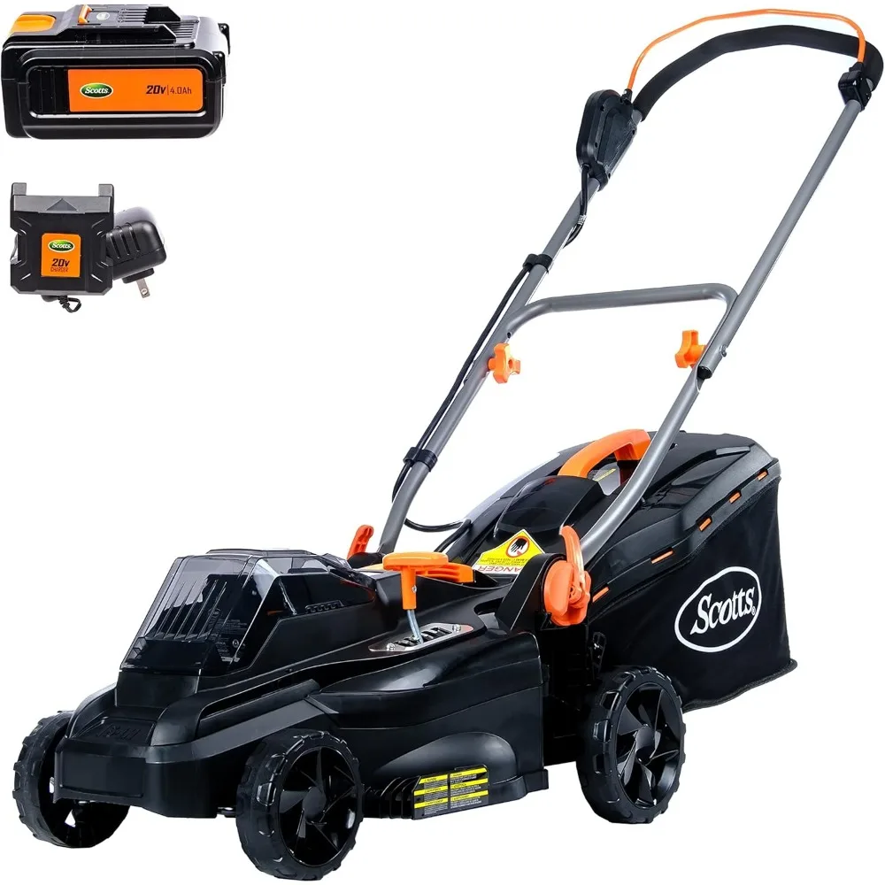 Cortador de grama elétrico sem fio Scotts de 20 volts e 16 polegadas com bateria de 5,0Ah e carregador rápido, preto/laranja