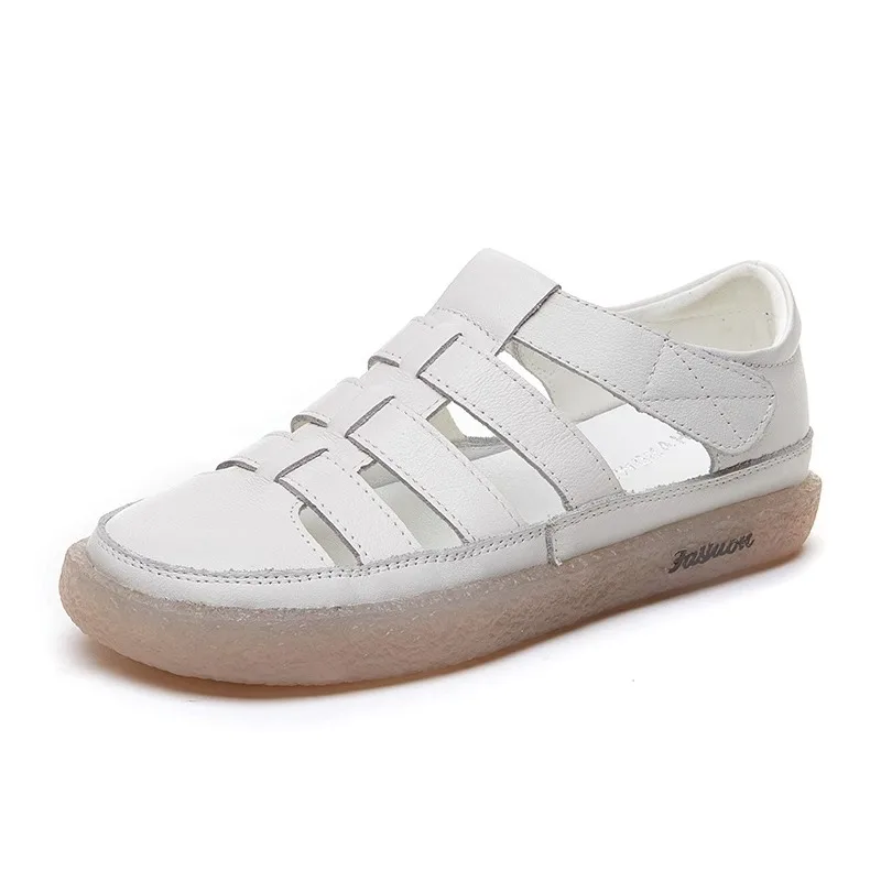 Summer Women Sandals Solid Color Light Open-Toe Breathable Flats Non-Slip Soft Leather Walking Nurse Mom Shoes Outdoor