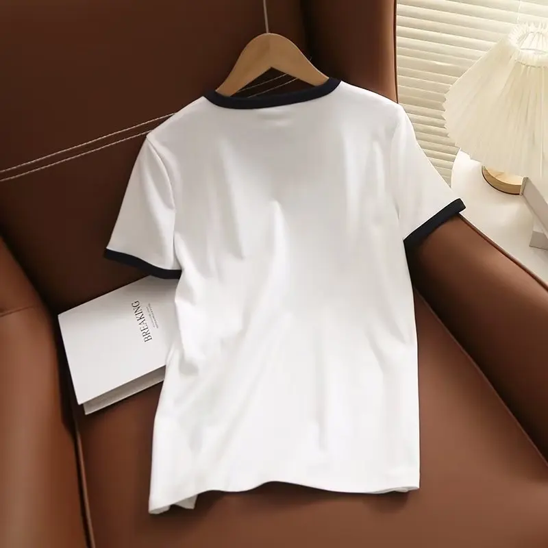 Withered Fashion Simple Pure Cotton Contrast Round Neck Short Sleeve T-shirt Casual Top For Women Summer