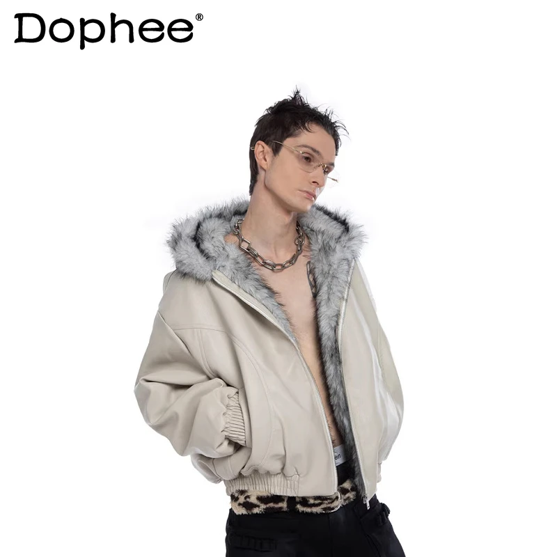 

2025 Men's Winter New Trendy Hooded Faux Leather Jackets Thickened Warm Motorcycle Jacket Solid Color Stylish Faux Leather Coats