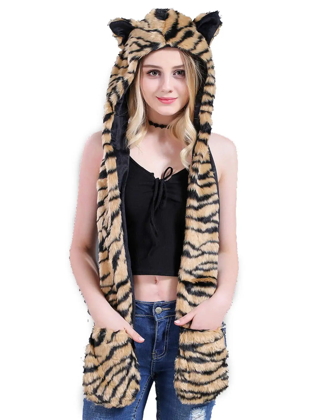 Tiger, Autumn and Winter Nnovelty Faux Fur Hoods Animal Hat Scarf Gloves 3 in1 Fleece Hooded Plush Warm Earmuff Party Caps