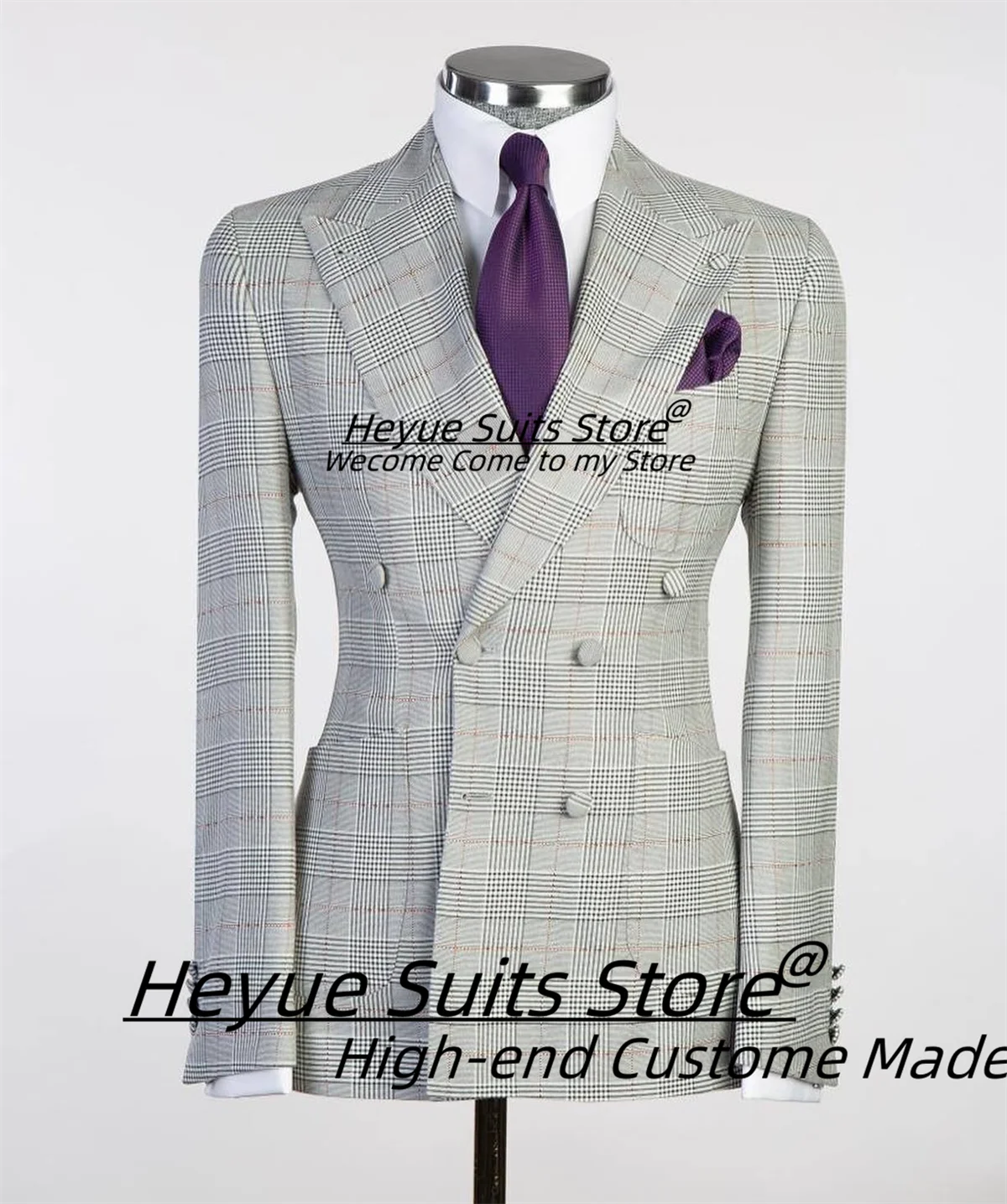 

Formal Gray Plaid Men Suits Customized Slim Fit Double Breasted Groom Wedding Tuxedos 2Pieces Sets Male Prom Blazers Ropa Hombre