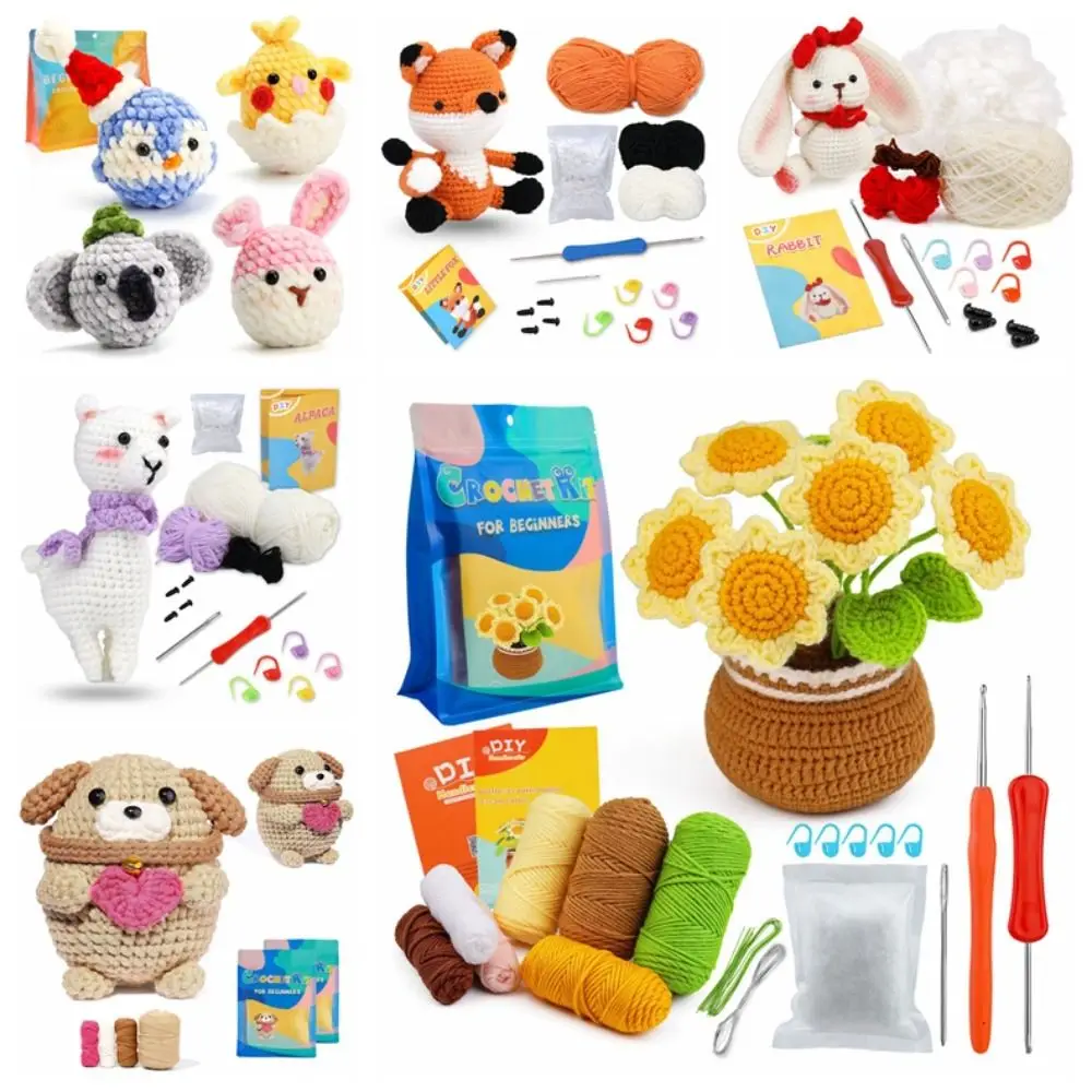 

Fashion Animal Crochet Stuffed Animal Kit Handmade Cartoon DIY Crochet Kit with Video Tutorial Cute Yarn Set Kit for Beginners