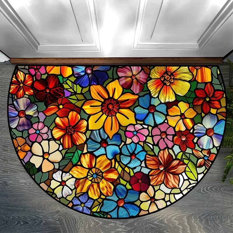 Aesthetic Stained Glass Floral Doormat Half Round Flower Welcome Mat Anti-Slip Entrance Rug Unique Home Decor Floor Carpet