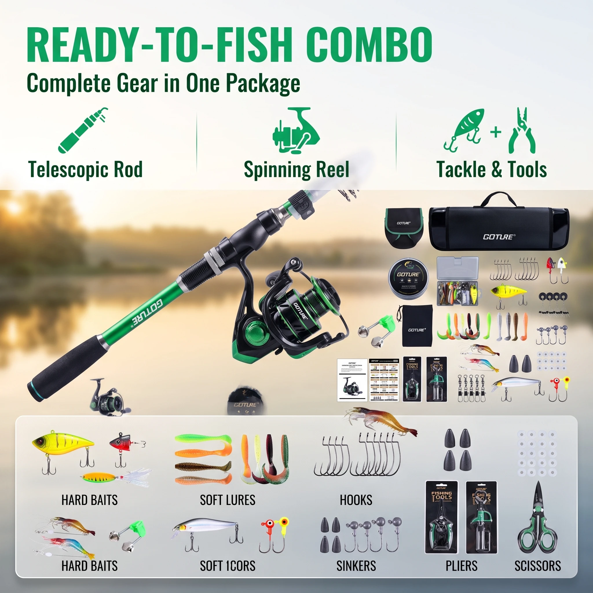 Goture Fishing Rod Reel Combo Full Set 1.8/2.1/2.4/2.7M Carbon Telescopic Pole,Spinning Reel,Lures Tools Carry Bag,Angling Gear