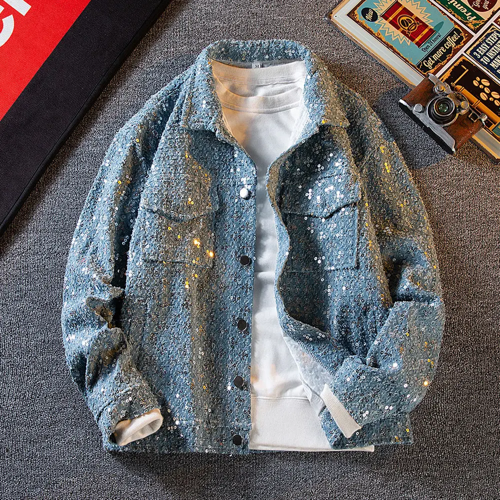 Sequin Denim Jacket Men's Luxury Streetwear Shiny Cowboy Coats Loose Casual Single-breasted Long Sleeve Spring Autumn Jacket