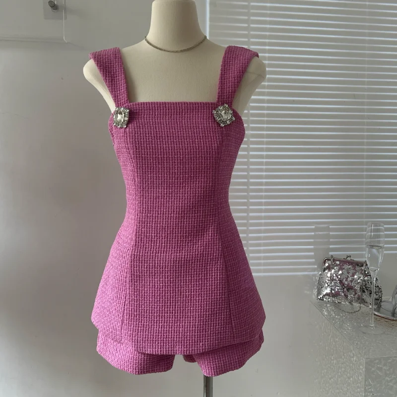 Strik Backless Short Vest Tweed Tweedelige Set Zomer Franse Girly Crystal Sweet Sexy Korea Kleine Geurige Broek Damespak