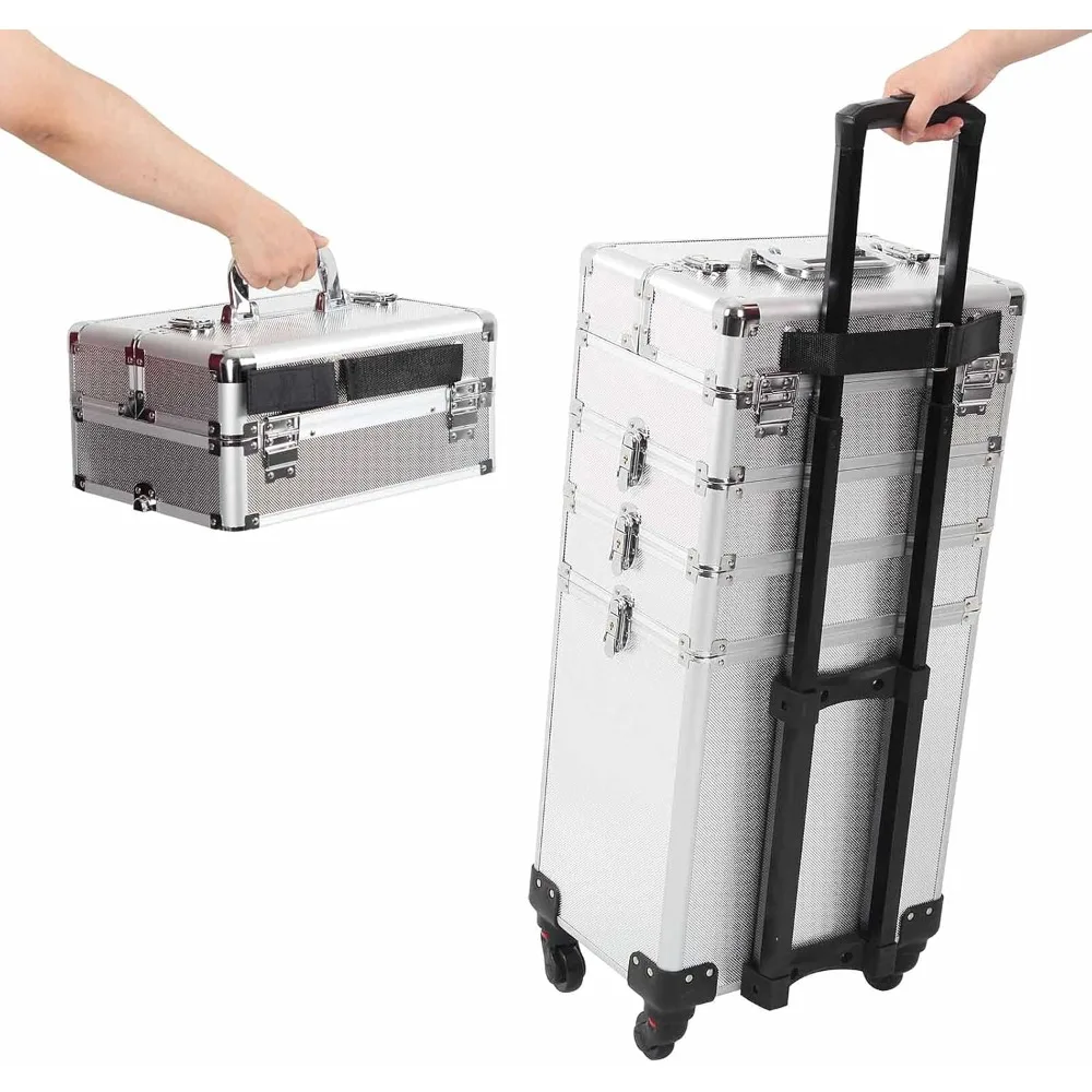 حقيبة مكياج دوارة 4 في 1، حقيبة سفر كبيرة لتخزين مستحضرات التجميل مع مفتاح وعجلات لصالونات الحلاقة Travelin #5