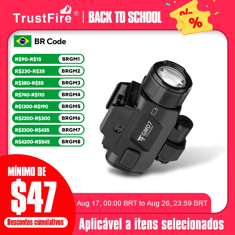 Lanterna Tática Trustfire GM07 com Feixe Verde 1050 Lúmens, Liberação Rápida, 2 Modos, Bateria 16340, IP65 para Uso Geral e Pistola