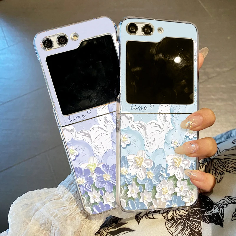 For Samsung Galaxy Z Flip 3 4 5 6 5G Romantic Flower Clear Case Shockproof Folding Hard PC Phone Cover For Samsung Z Flip6 Flip5