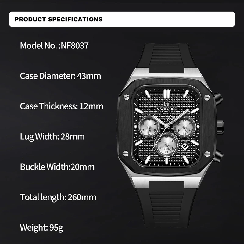 Men Watches NAVIFORCE Military Sports Waterproof Silicone Strap Man Wristwatch Wild Multifunction Square Dial Quartz Male Clock