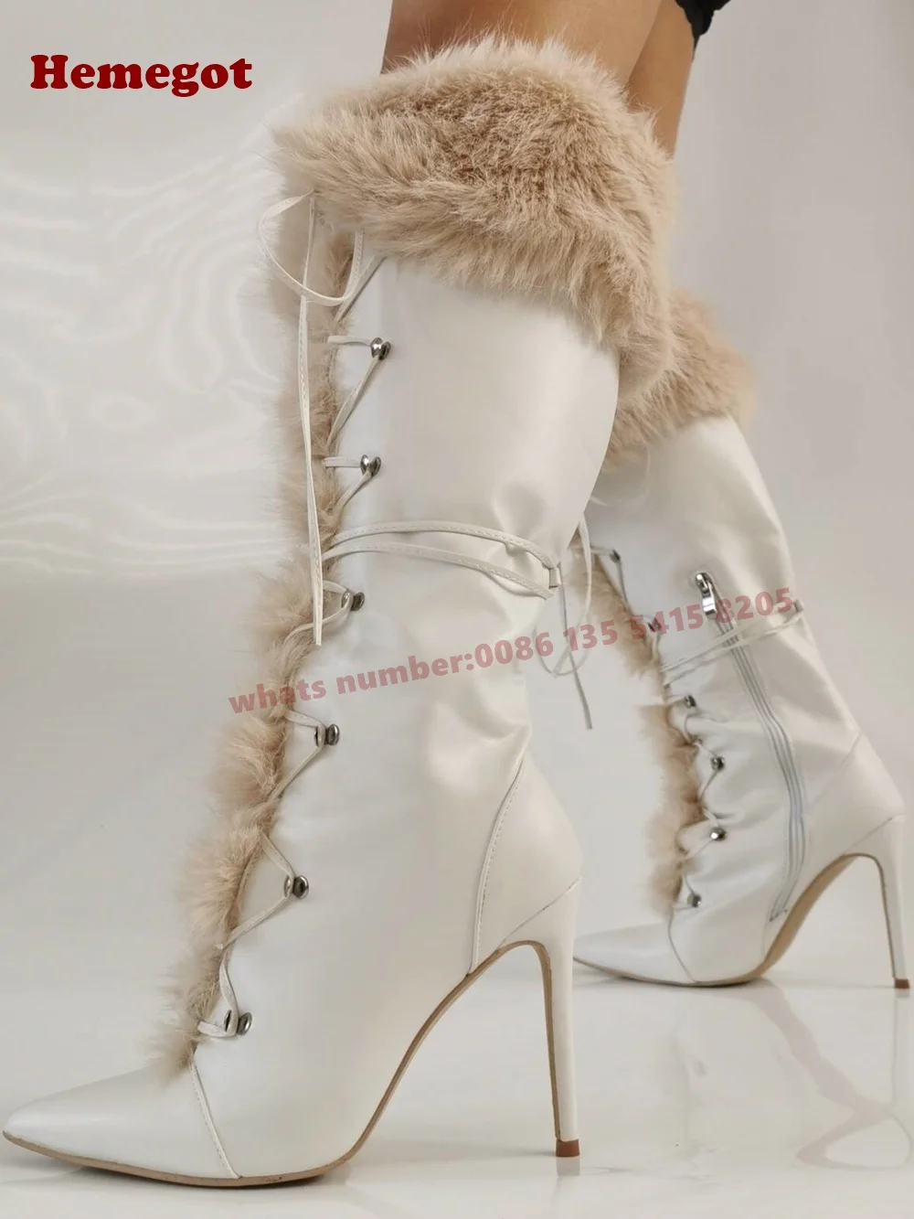 White Splicing Fur Knee High Boots Cross Strappy Lace Up Women's Boots Fluffy Stiletto Heels Casual Shoes Winter Luxury 2025