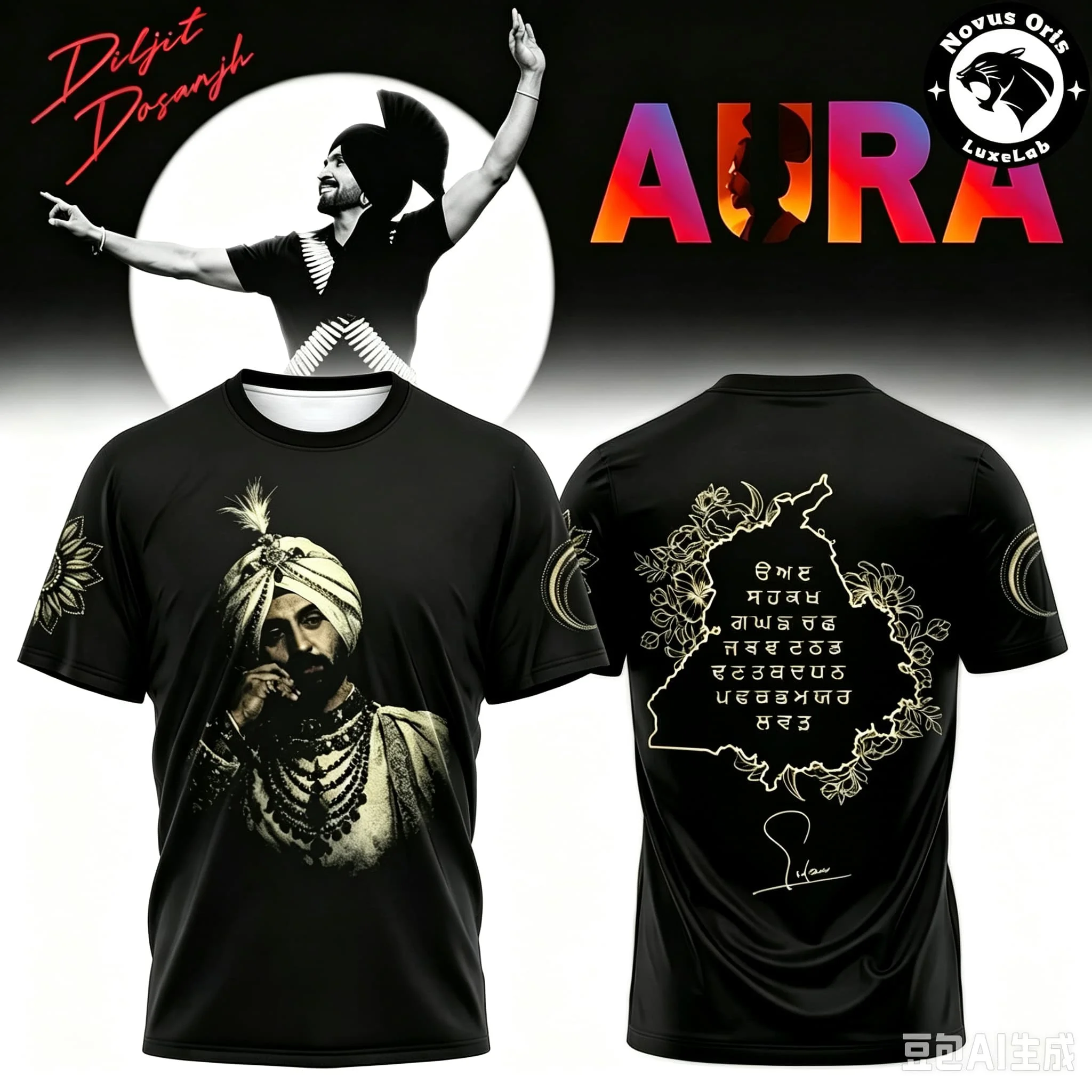 2026 Herren Diljit Dosanjh AURA Tour T-Shirt Schwarz Künstler Kurzarm Punjabi Musik Konzert Fan Freizeit T-Shirt Familien-Partnerlook – Detail 3