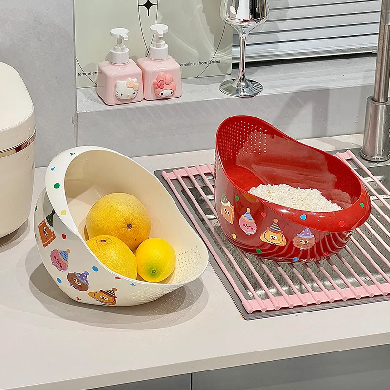 Cream Style Cute Multi-functional Drainage Basket Household Living Room Fruit Drainage Basket Kitchen Simple Rice Washing Basket