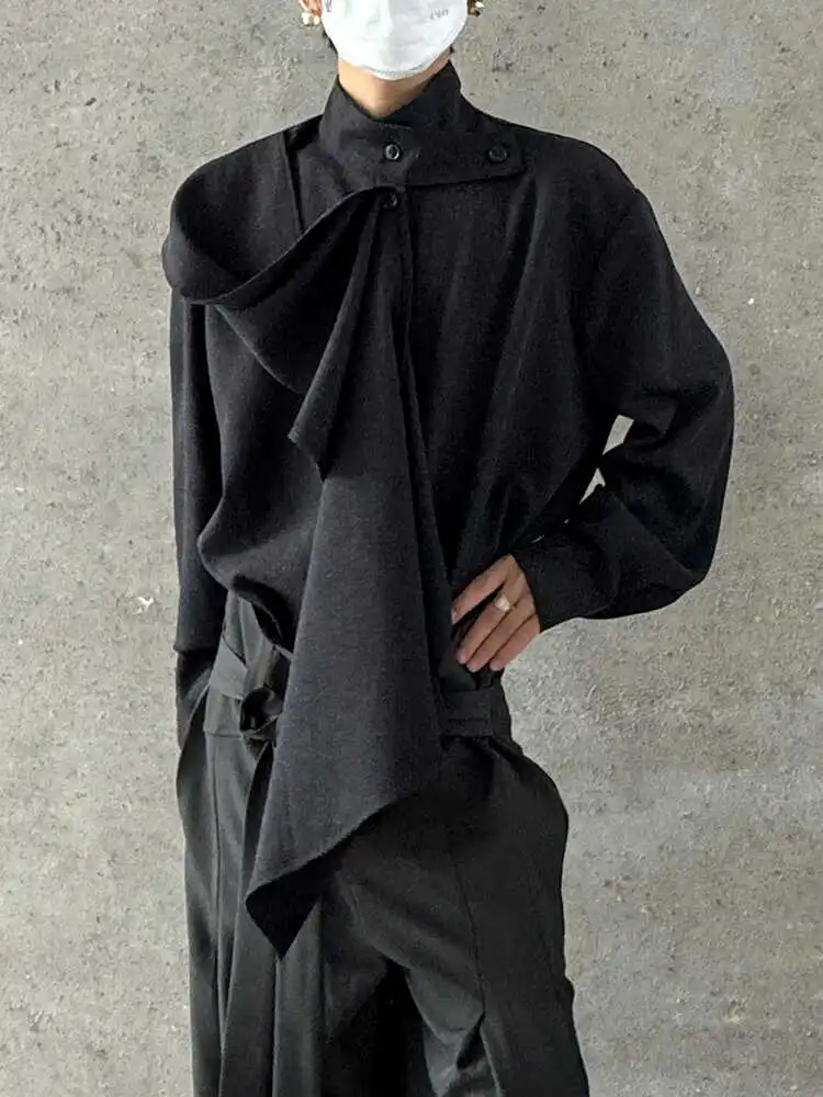 

PCGO14GSL Long Sleeve Loose Fit Stand Collar Shirt Asymmetrical Design Unisex Polyester Fiber Vintage Style Color