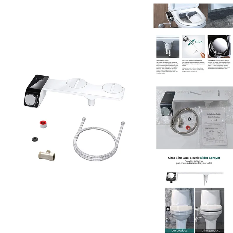 

Promotion! Bidet Attachment Ultra-Slim Toilet Double Nozzle Spiral Adjustable Water Pressure Non-Electric Sprayer With Hose