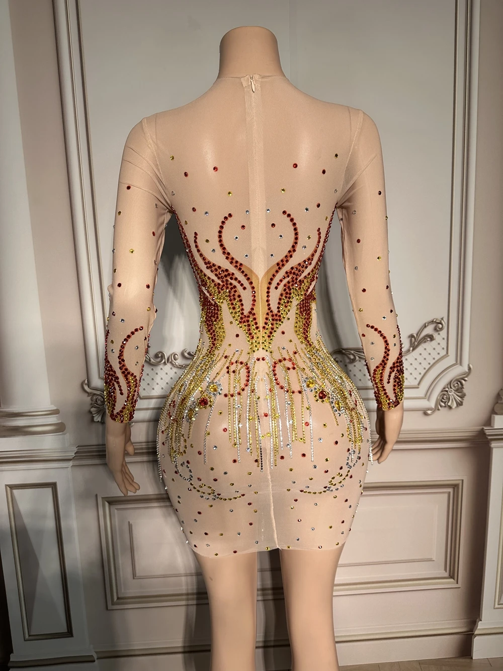 Vestido corto transparente de malla con flecos y diamantes de imitación brillantes para mujer, traje de fiesta de graduación, ropa de escenario para espectáculo de cantante, celebración de cumpleaños