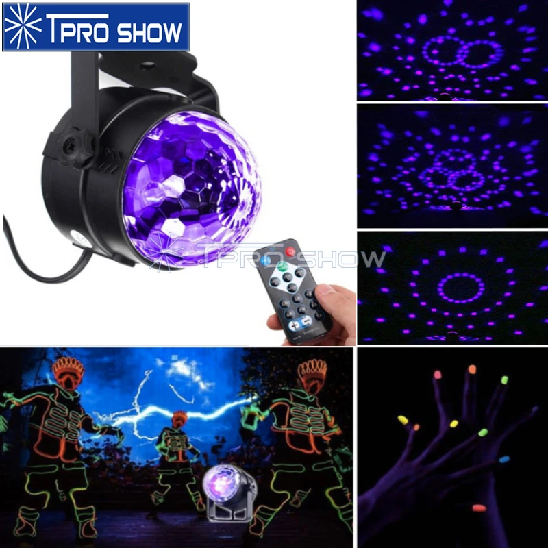 

DJ UV LED Ball Disco Lamp Magic Light Rotating Stage Lighting Effect Remote Sound Control Mini Projector Strobe For Home Parties