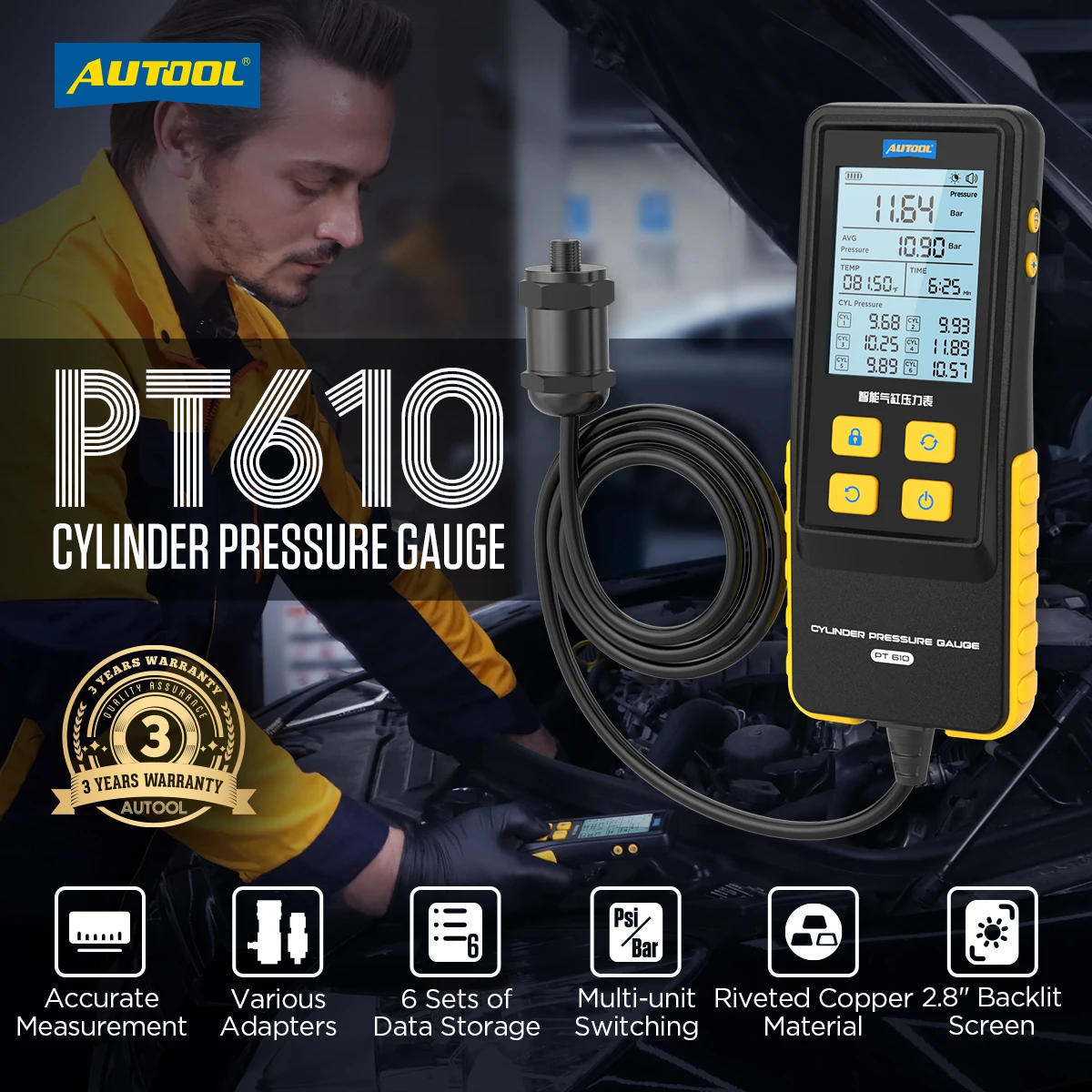 Factory PT610 Intelligent Cylinder Pressure Gauge Cylinder Tester Auto Diagnostic Tools for cars with Multiple connectors