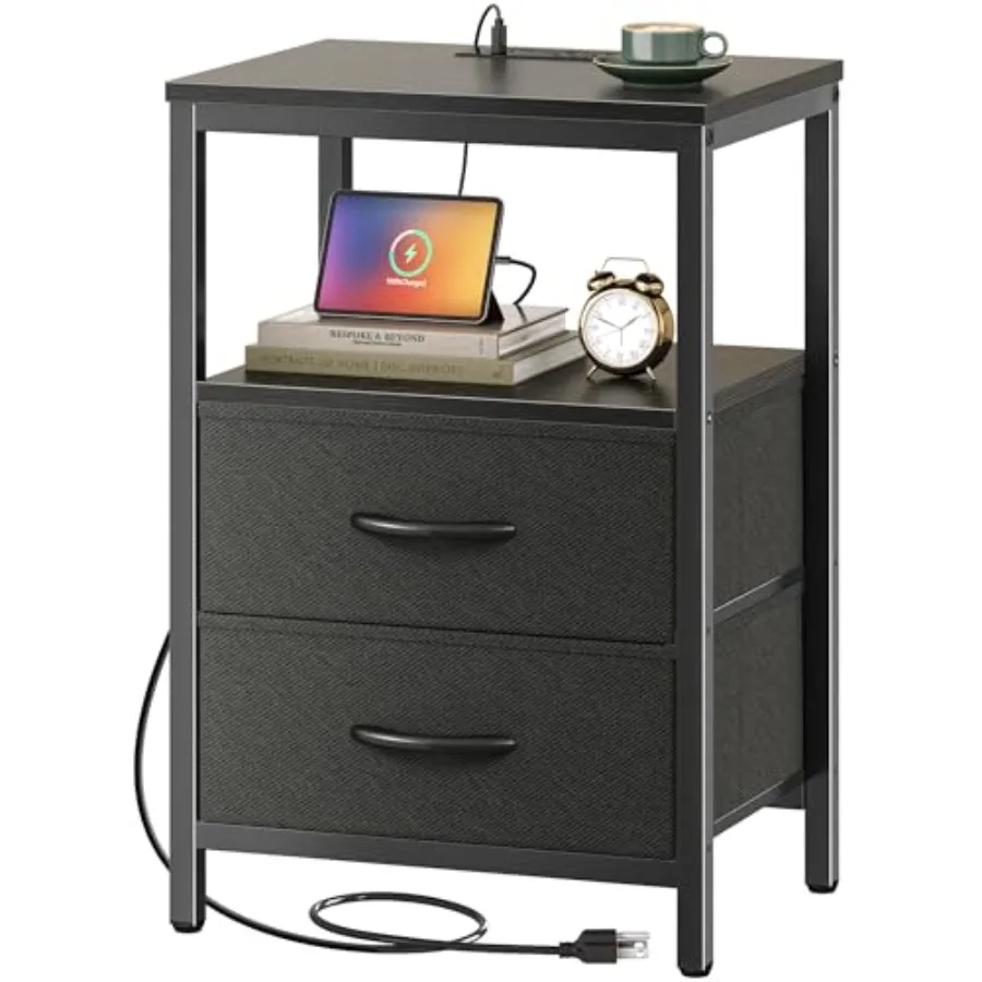 Nightstand with Charging Station Side Table with Fabric Drawers End Table with Open Shelf Bedside Table with USB-C Port and Out