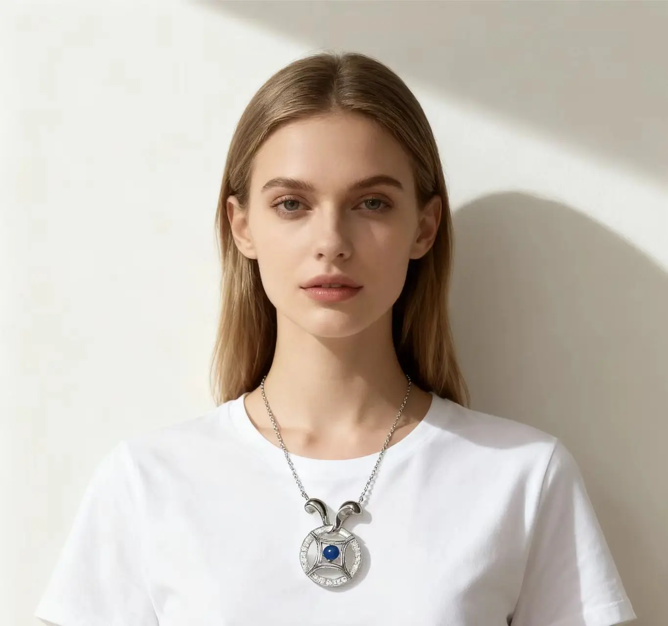 

Cute Rabbit Ear Design Pendant 925 Silver with Zirconia and 4mm Blue Amber Heart Love Gift for Wife Valentine's Day Present
