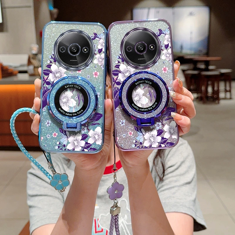 A3 Purple flowers Plating Bracelet Holder Phone Case For Xiaomi Redmi A3 9C A1 A1Plus 9 A3X 9i A4 A2 9AT 9A Turbo 3 4 Cover