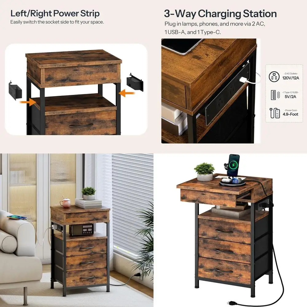 

Charging Nightstand with Fabric Drawers, Lockable End Table, 2 AC & 2 USB Ports, Rustic Brown/Black BF143UBZ01