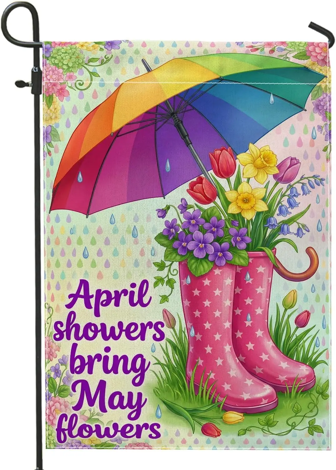 Umbrella Garden Flag, Spring Fanciful Rain Drops Flowers Spring Peach Burlap Double Sided Small Garden Yard Flag for Outdoor IIC