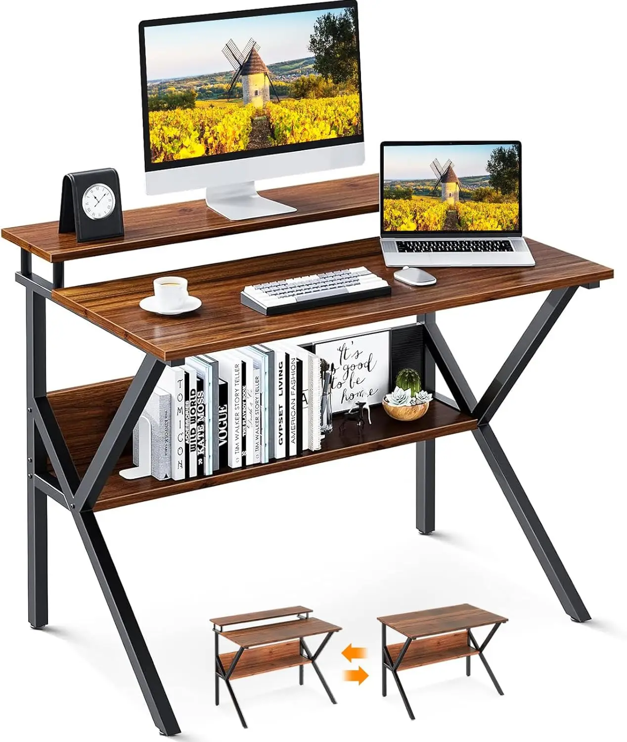 Original Manufacturer Sturdy Multi Purpose 3 Tiered Wood & Metal Computer Desk With Monitor Stand For Living Room Small Place