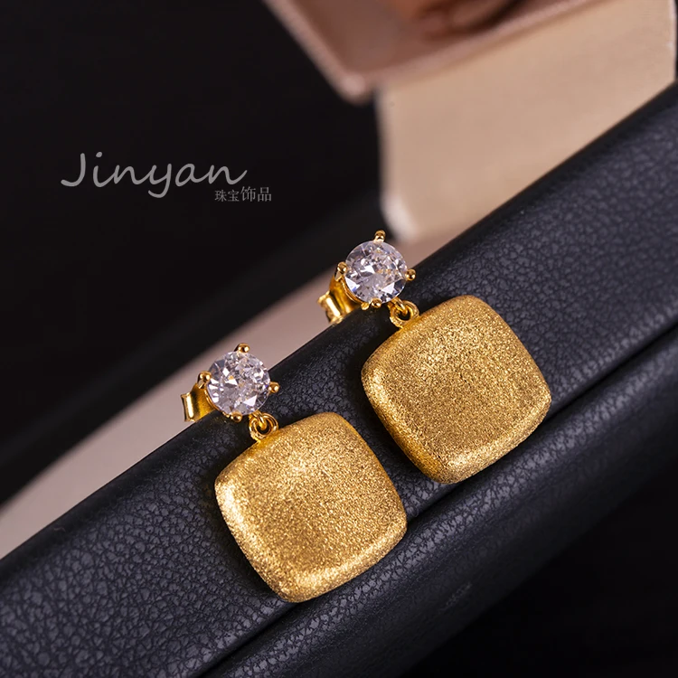 Italian Brushed Craft Earrings S925 Silver-plated 18K Gold with Diamonds, Small Sugar Cube Stud Earrings