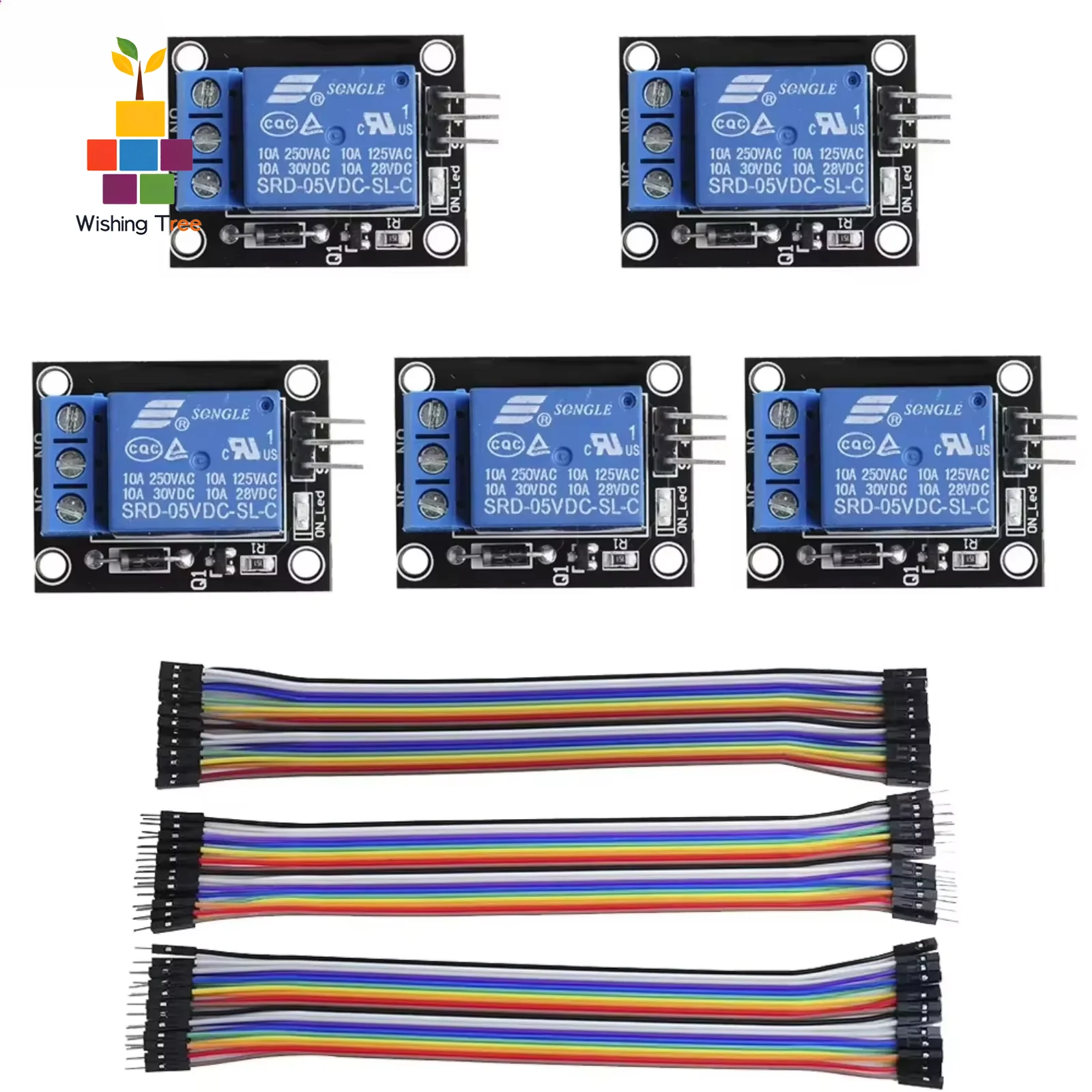 Keyes リレー シールド モジュール 5V 220V AC 制御、安全プルダウン回路およびトランジスタ ドライバー付き (5 個 + ケーブル)